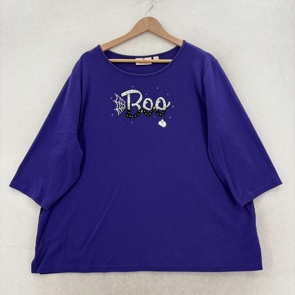 Quacker Factory Shirt Womens 2X Plus Purple Boo Ghost 3/4 Sleeve Top Halloween